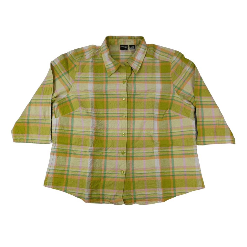 Erika Woman Plus Size 3X Linen Blend Plaid Button Down Green Orange 3/4 Sleeve